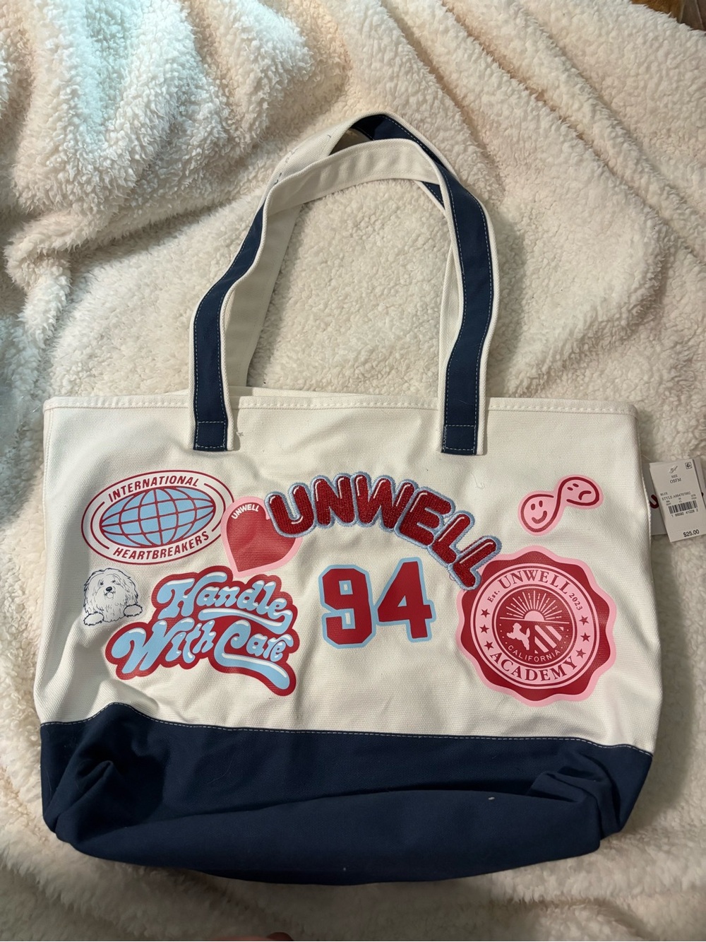 Unwell White & Navy Patch Pocket Tote Bag